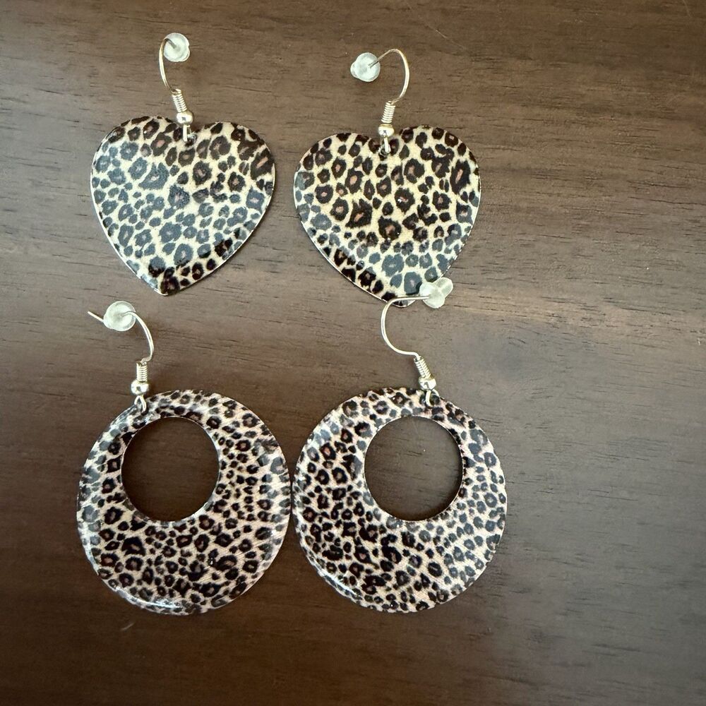 Lot 2 Pairs Metal Dangle Double Drop Leopard Print Pierced Earrings 2”